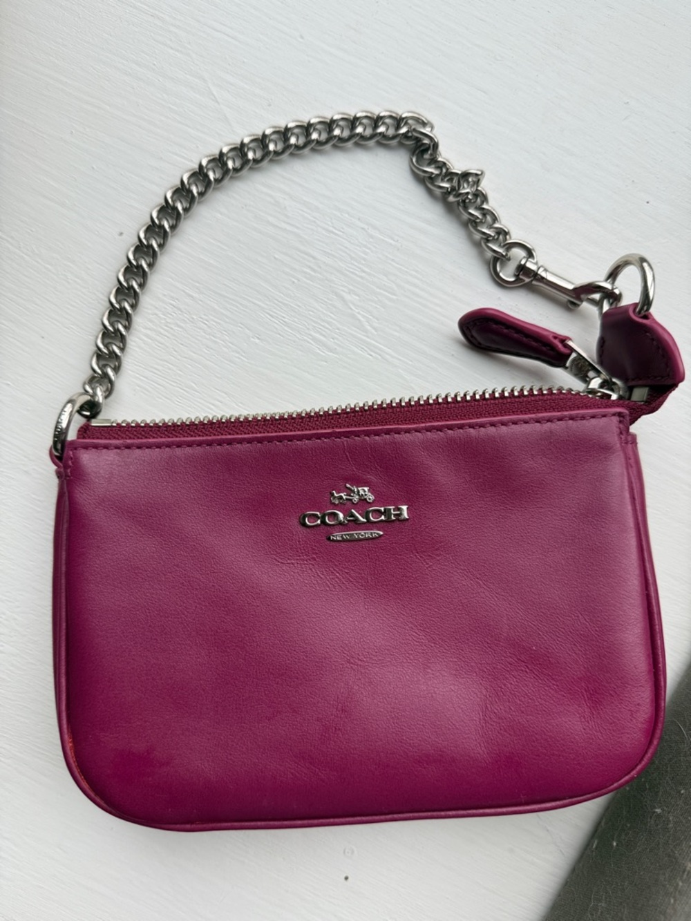 Coach Magenta Leather Wristlet with Silver Chain